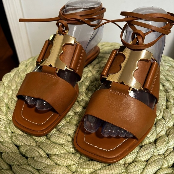 NWOB Tory Burch Gemini Link Lace Up Wrap Flat Royal Tan/Gold Leather Sandals - Picture 5 of 12